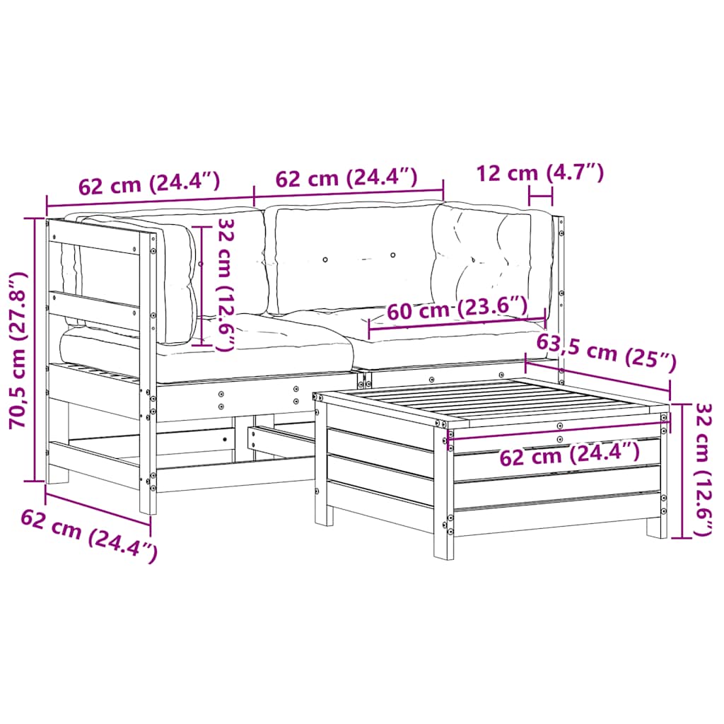 3 pcs conjunto lounge jardim c/ almofadões pinho maciço branco
