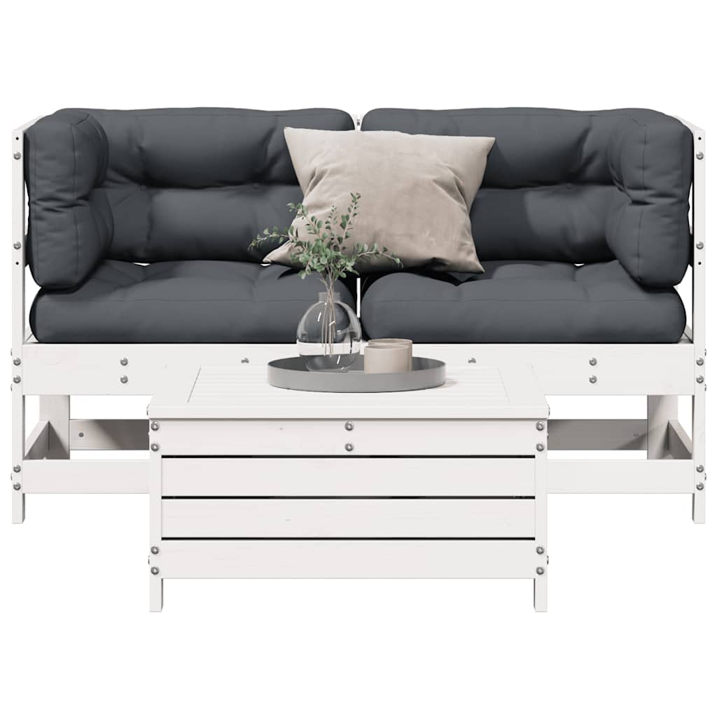 3 pcs conjunto lounge jardim c/ almofadões pinho maciço branco