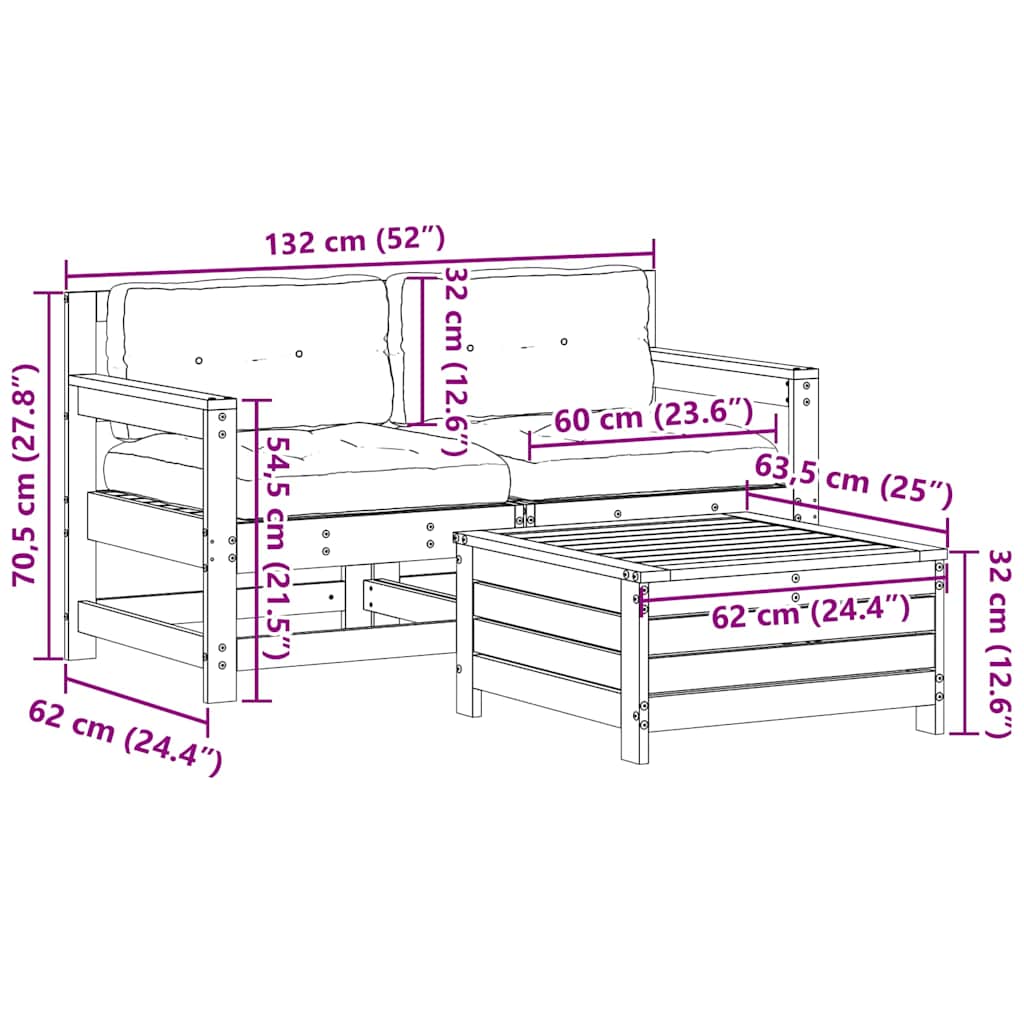 3 pcs conjunto lounge de jardim c/ almofadões pinho maciço