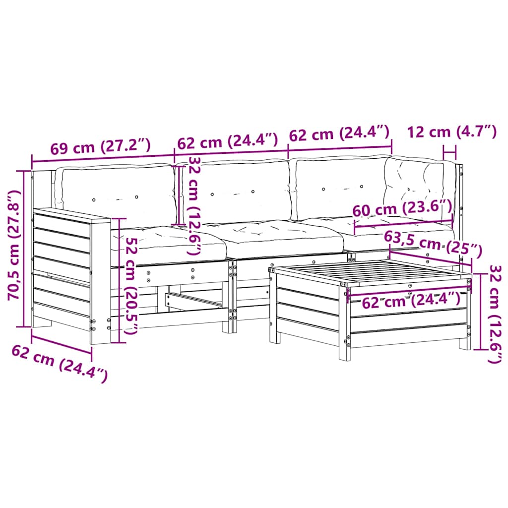 4 pcs conj. lounge de jardim c/ almofadões pinho maciço branco