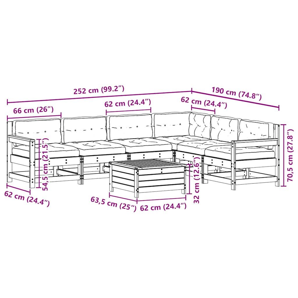 7 pcs conj. lounge de jardim c/ almofadões pinho maciço branco