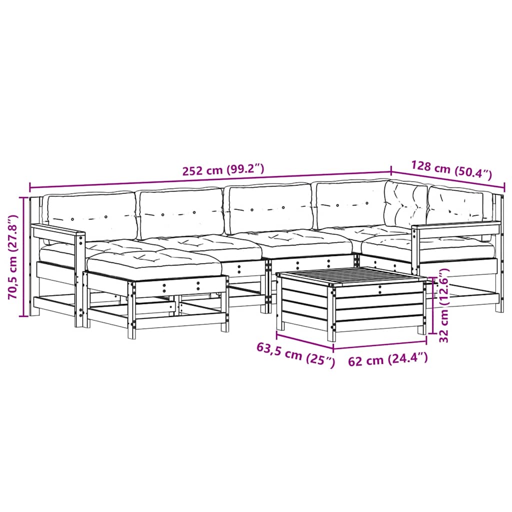 7 pcs conj. lounge de jardim c/ almofadões pinho maciço branco