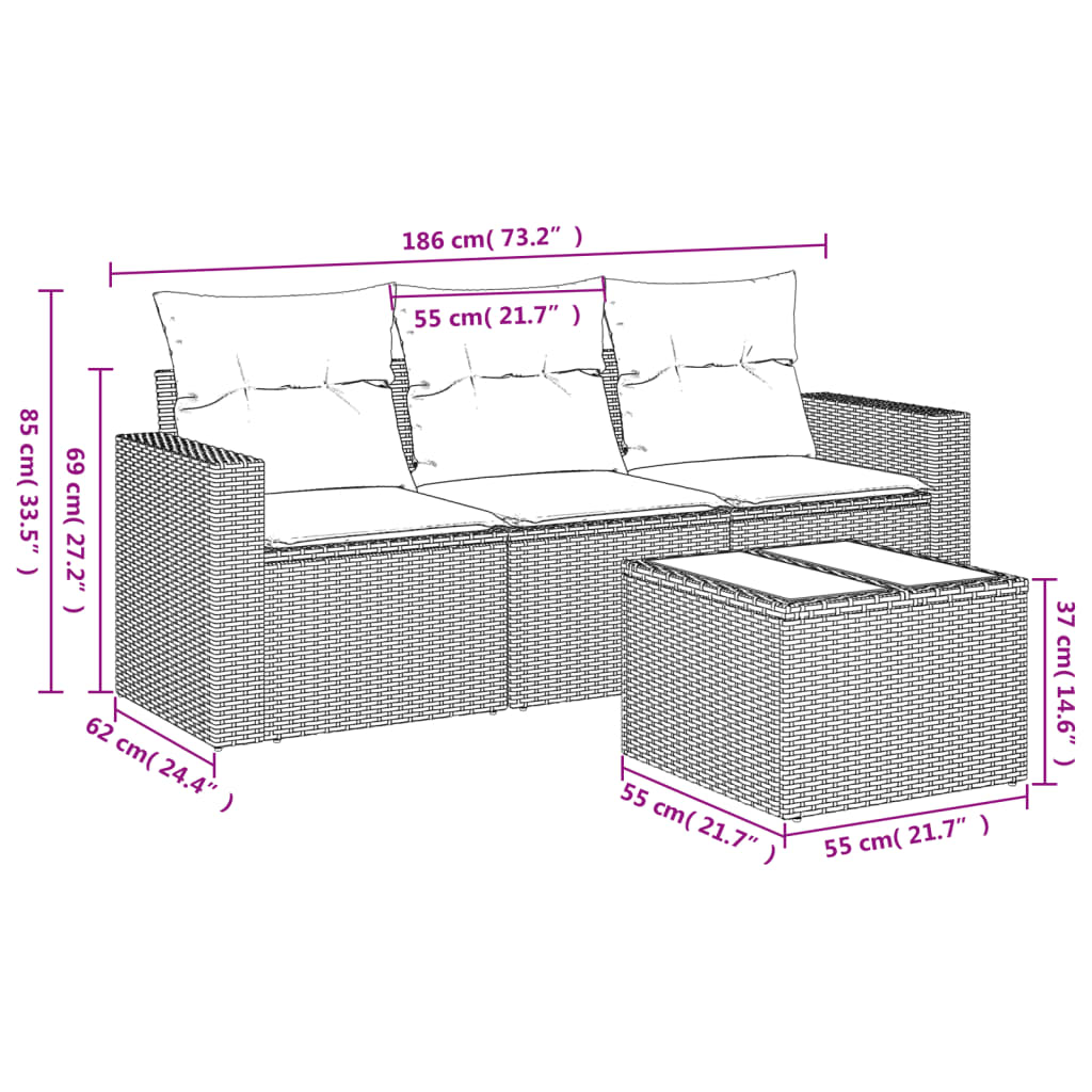 4 pcs conjunto de sofás para jardim c/ almofadões vime PE bege