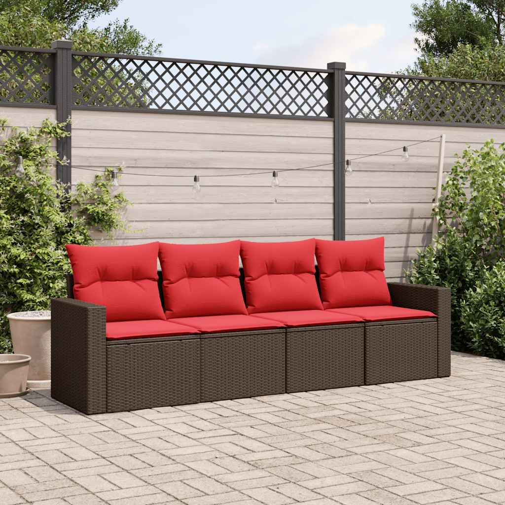 4 pcs conjunto sofás de jardim c/ almofadões vime PE castanho