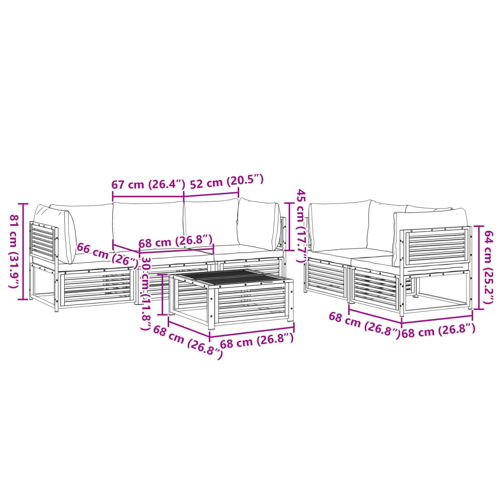 6 pcs conjunto de sofás de jardim com almofadões acácia maciça