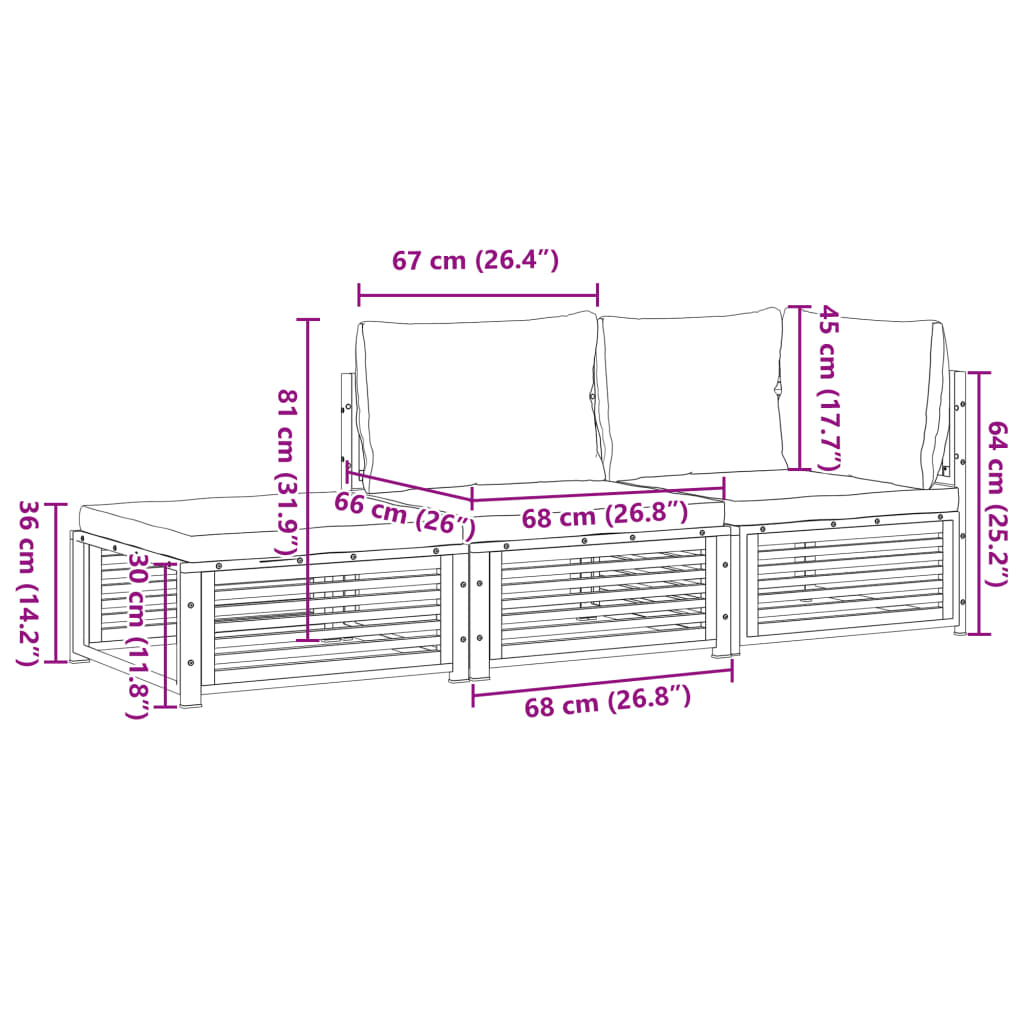 3 pcs conjunto de sofás de jardim com almofadões acácia maciça