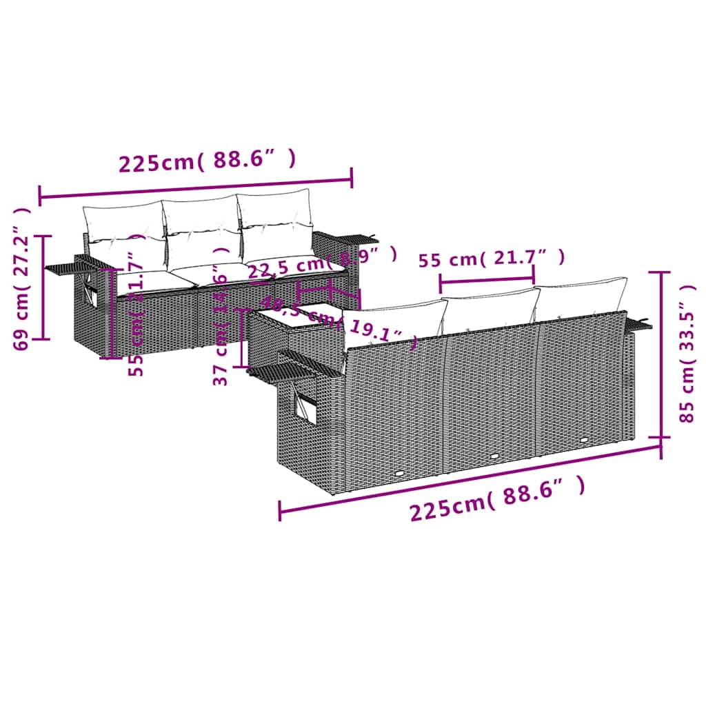 7 pcs conj. sofás jardim com almofadões vime PE cinzento-claro