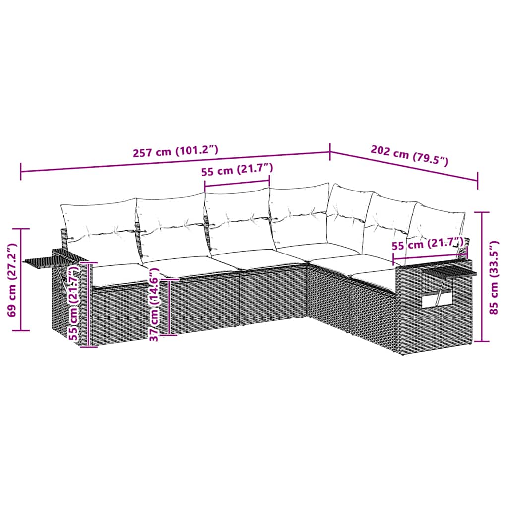 6 pcs conj. sofás jardim com almofadões vime PE cinzento-claro