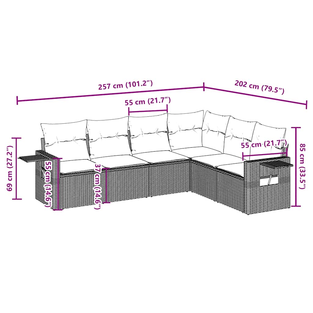 6 pcs conjunto de sofás jardim c/ almofadões vime PE castanho