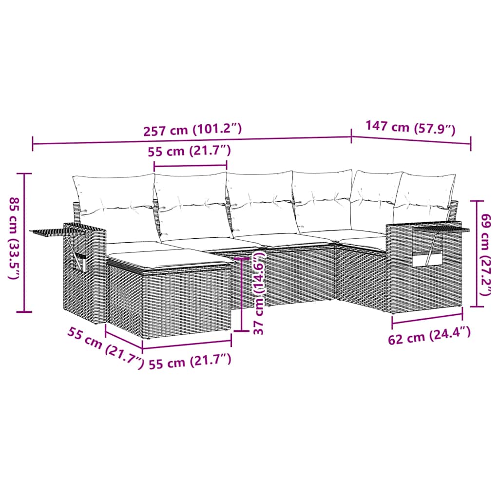 6 pcs conjunto de sofás jardim c/ almofadões vime PE castanho
