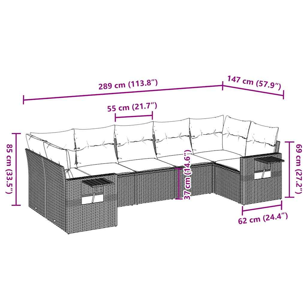 7 pcs conjunto de sofás jardim c/ almofadões vime PE castanho