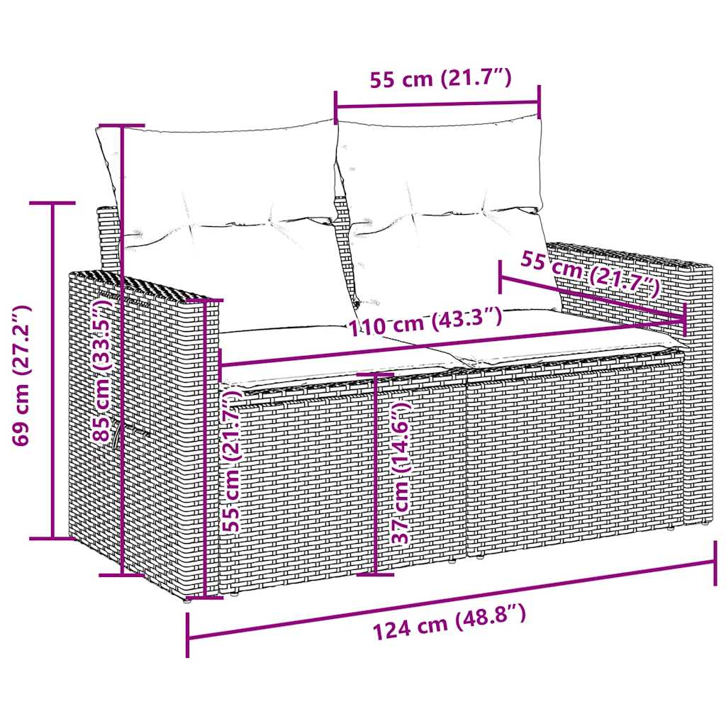 7 pcs conjunto de sofás jardim c/ almofadões vime PE castanho