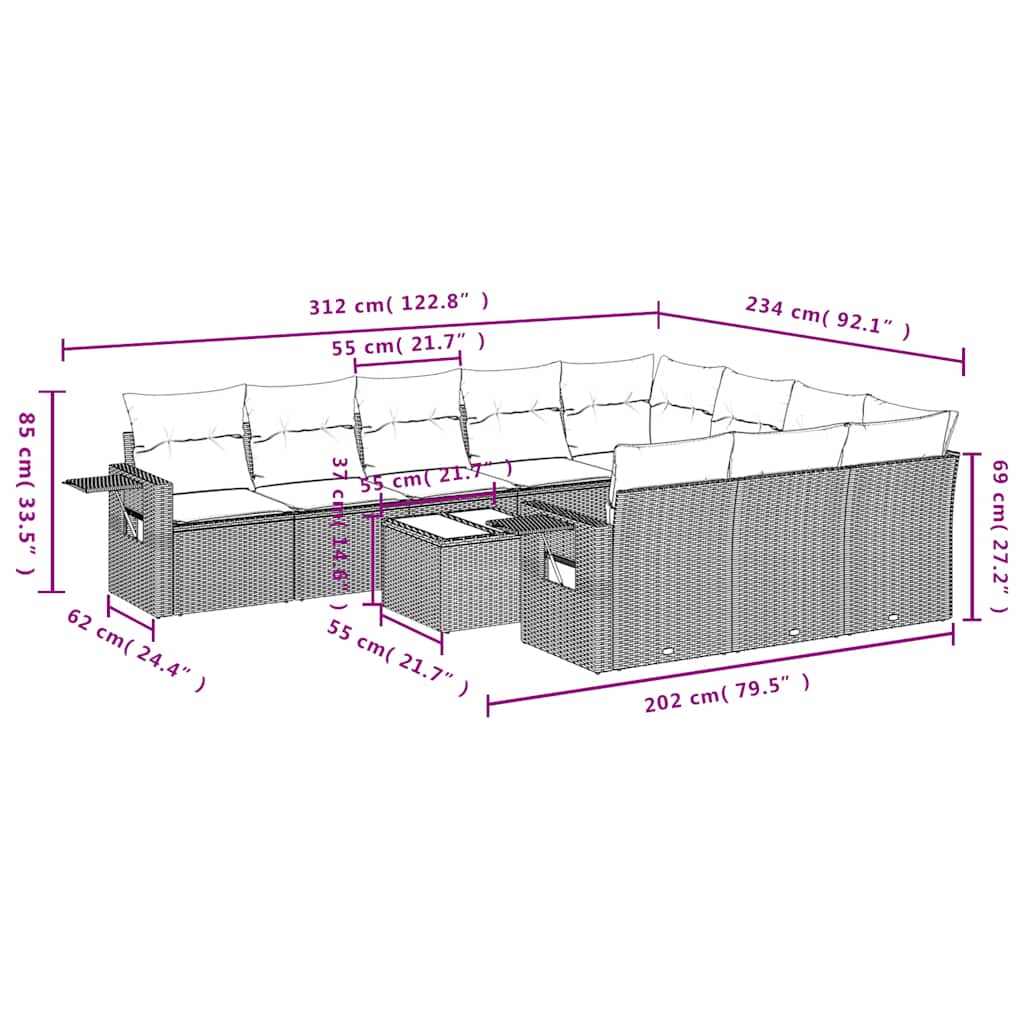 11 pcs conjunto sofás de jardim c/ almofadões vime PE cinzento
