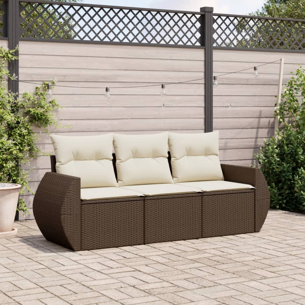 3 pcs conjunto sofás de jardim com almofadões vime PE castanho