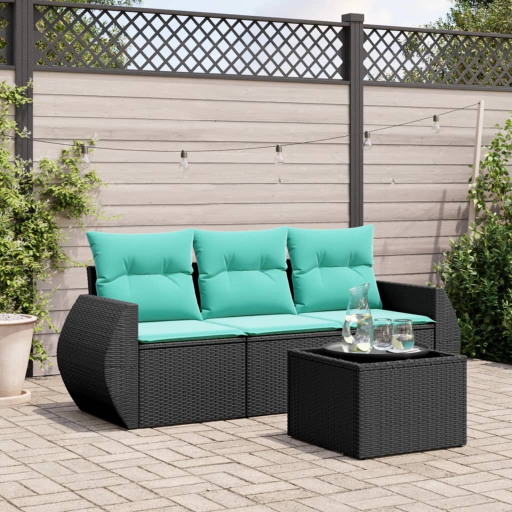 4 pcs conjunto de sofás p/ jardim c/ almofadões vime PE preto