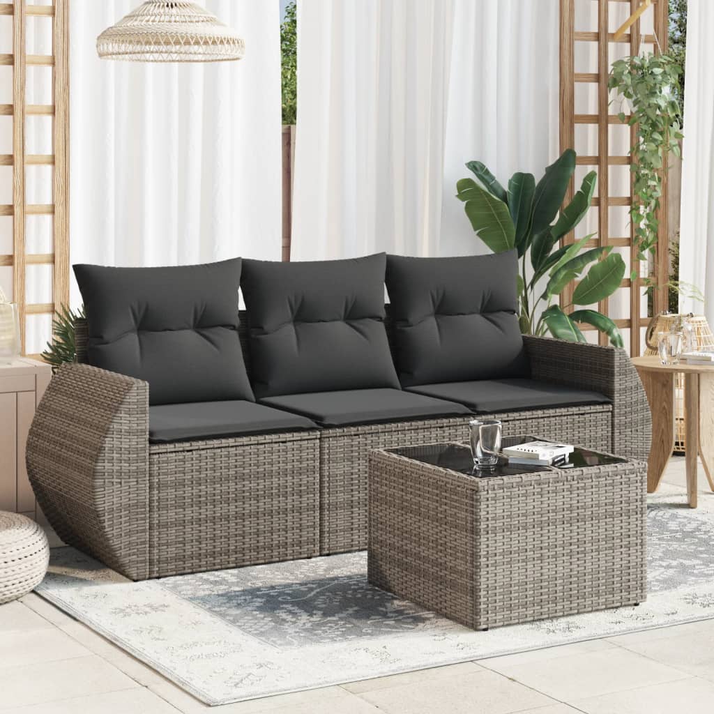 4 pcs conjunto sofás de jardim c/ almofadões vime PE cinzento