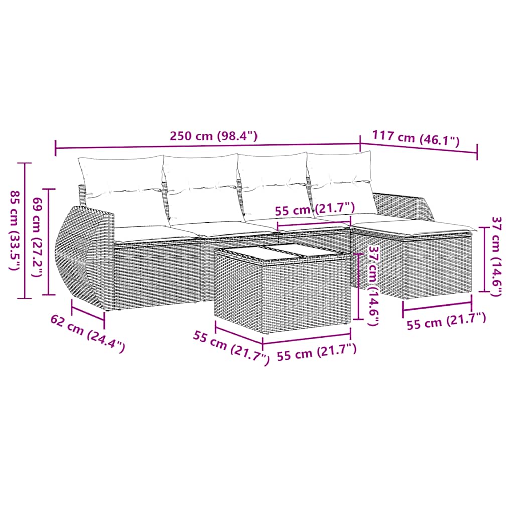 6 pcs conj. sofás jardim com almofadões vime PE cinzento-claro