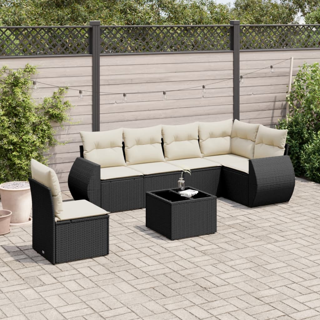7 pcs conjunto de sofás p/ jardim c/ almofadões vime PE preto