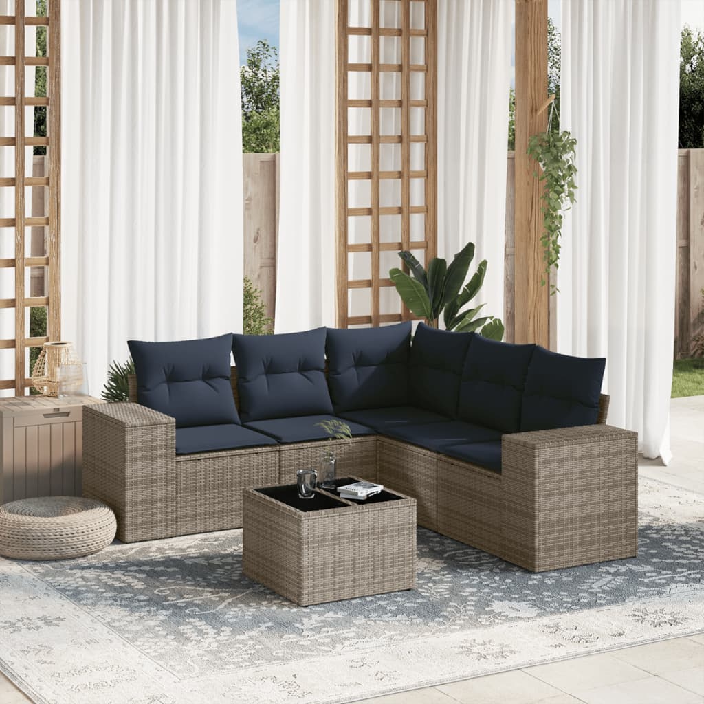 6 pcs conjunto sofás p/ jardim c/ almofadões vime PE cinzento