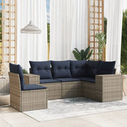 5 pcs conjunto sofás p/ jardim c/ almofadões vime PE cinzento