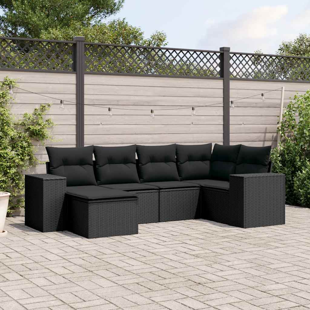 6 pcs conjunto sofás de jardim c/ almofadões vime PE preto