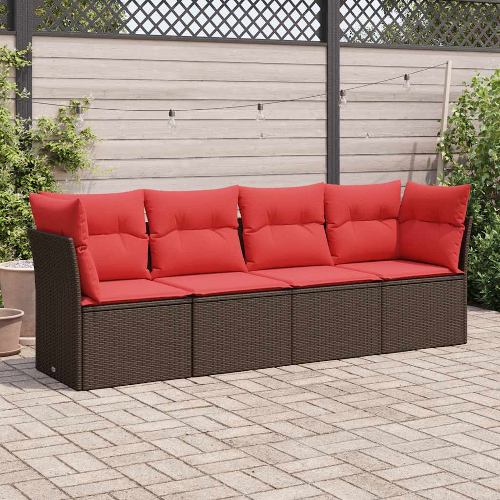 4 pcs conjunto sofás de jardim c/ almofadões vime PE castanho