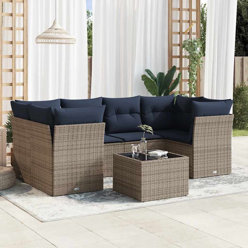 7 pcs conjunto sofás p/ jardim c/ almofadões vime PE cinzento