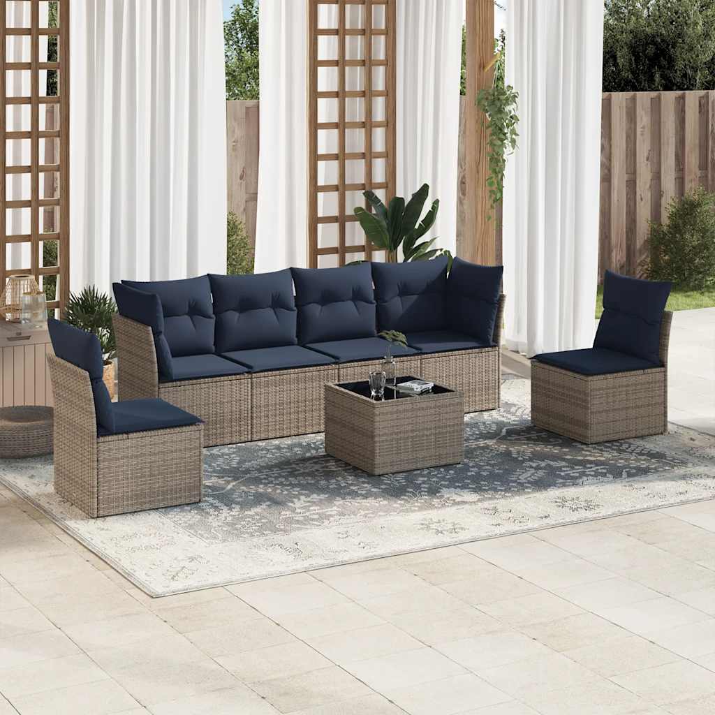 7 pcs conjunto sofás p/ jardim c/ almofadões vime PE cinzento
