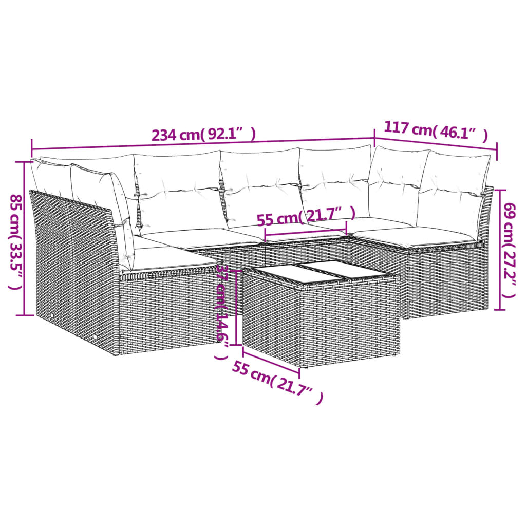 7 pcs conjunto sofás p/ jardim c/ almofadões vime PE cinzento