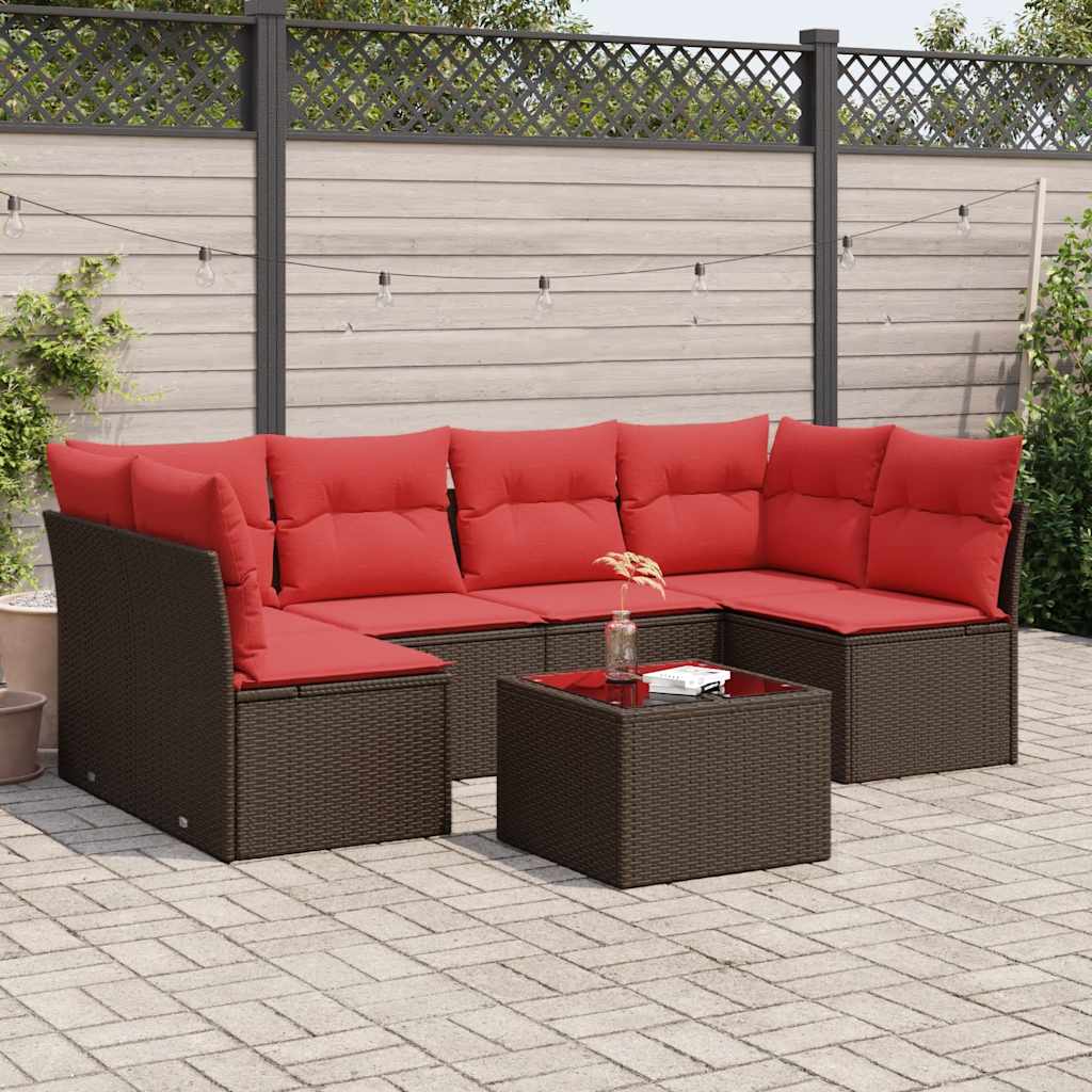 7 pcs conjunto de sofás jardim c/ almofadões vime PE castanho