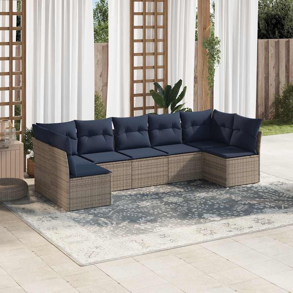 7 pcs conjunto sofás p/ jardim c/ almofadões vime PE cinzento