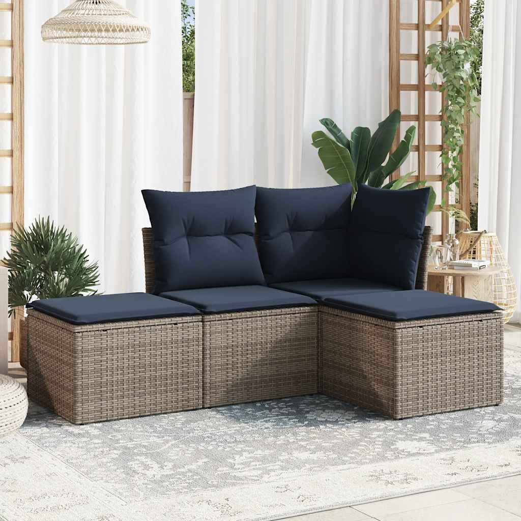 4 pcs conjunto sofás p/ jardim c/ almofadões vime PE cinzento