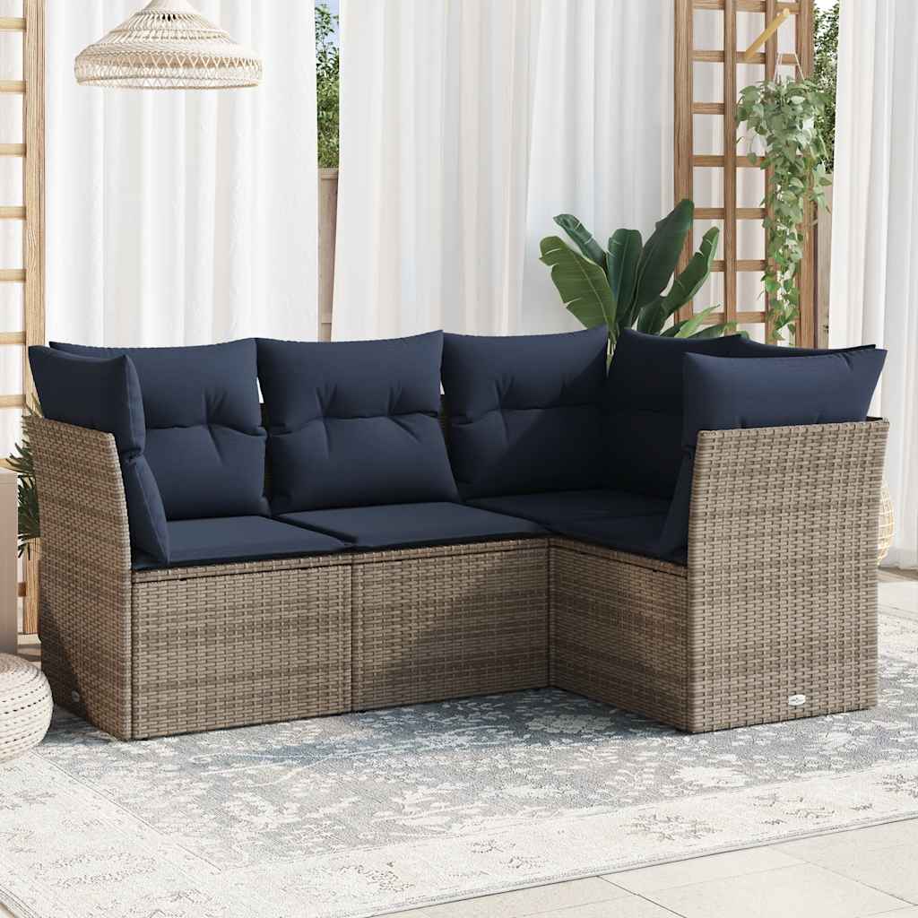 4 pcs conjunto sofás p/ jardim c/ almofadões vime PE cinzento