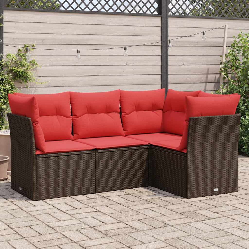 4 pcs conjunto sofás de jardim c/ almofadões vime PE castanho