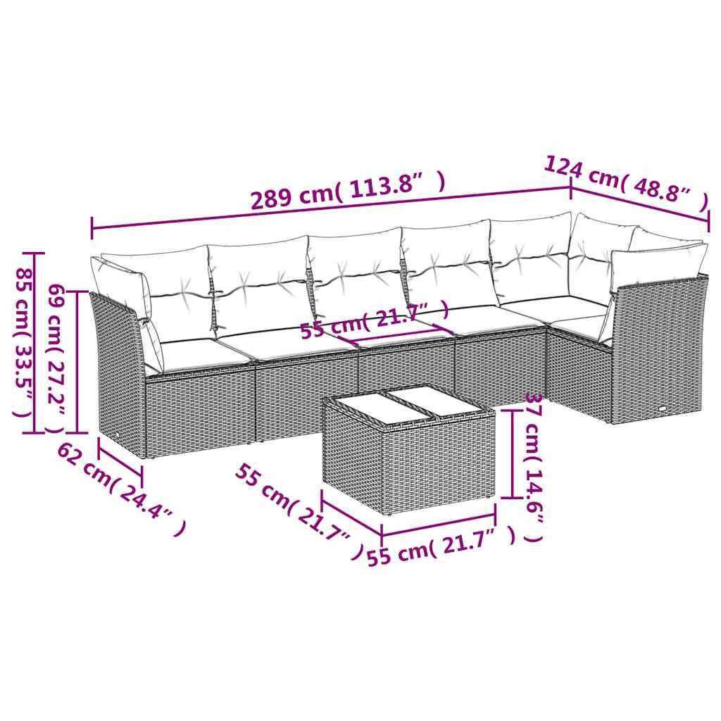 7 pcs conjunto sofás p/ jardim c/ almofadões vime PE cinzento