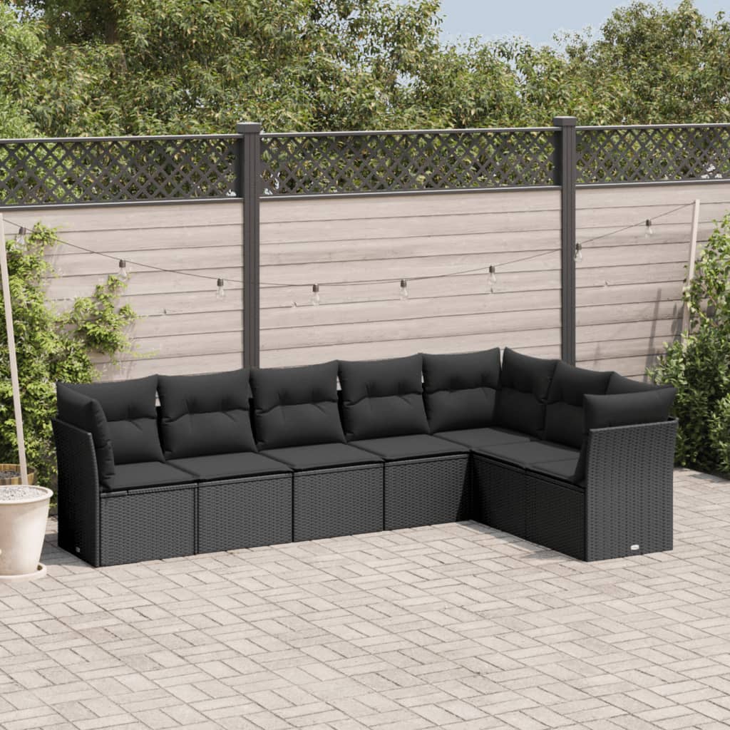 7 pcs conjunto de sofás p/ jardim c/ almofadões vime PE preto