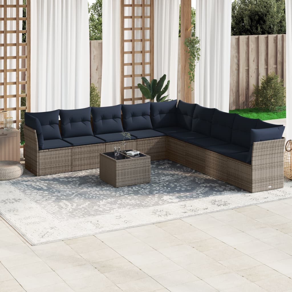 10 pcs conjunto sofás p/ jardim c/ almofadões vime PE cinzento