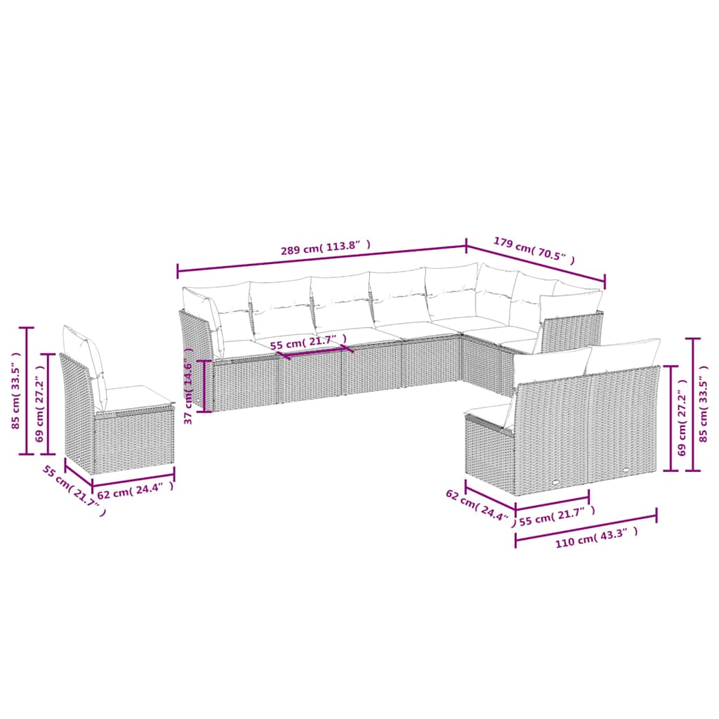 10 pcs conjunto sofás de jardim c/ almofadões vime PE preto