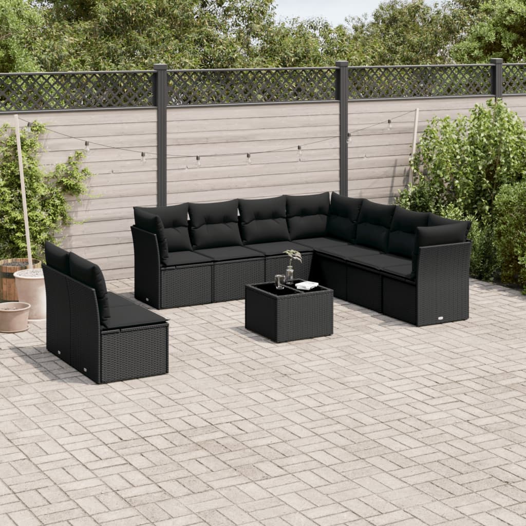 10 pcs conjunto sofás de jardim c/ almofadões vime PE preto