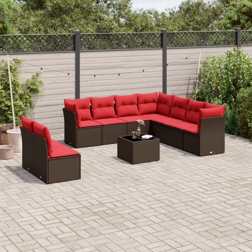 10 pcs conj. sofás jardim com almofadões vime PE castanho