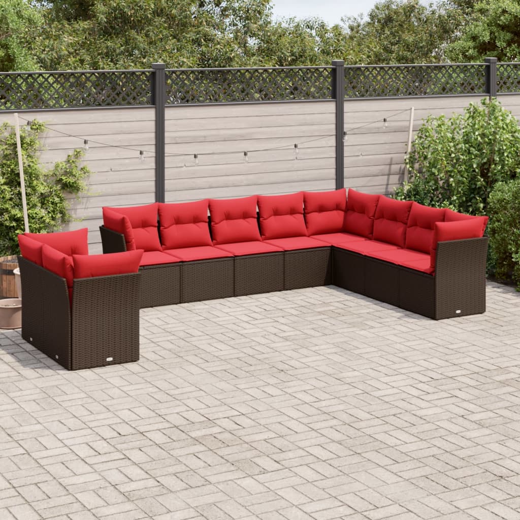 10 pcs conj. sofás jardim com almofadões vime PE castanho