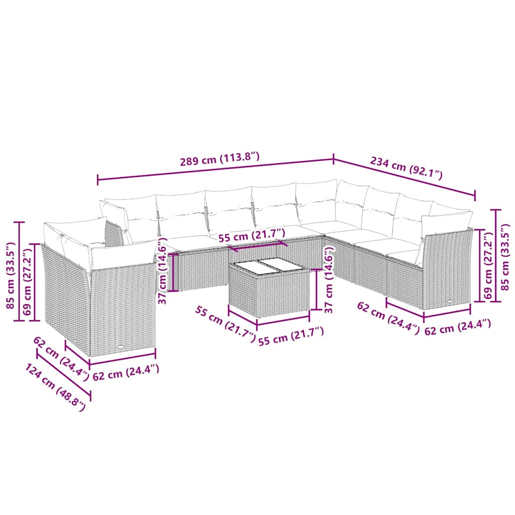11 pcs conjunto sofás de jardim c/ almofadões vime PE cinzento