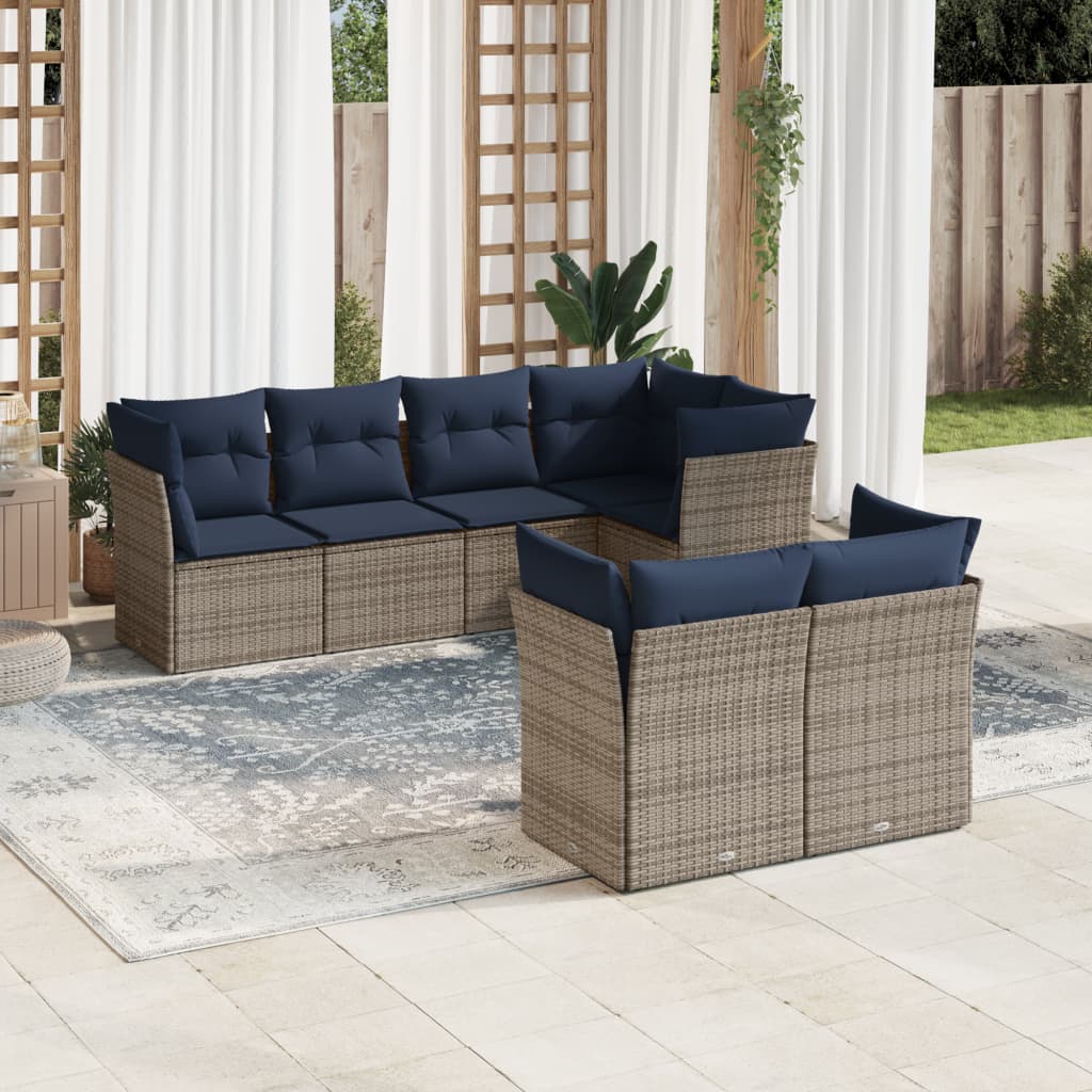 7 pcs conjunto sofás p/ jardim c/ almofadões vime PE cinzento