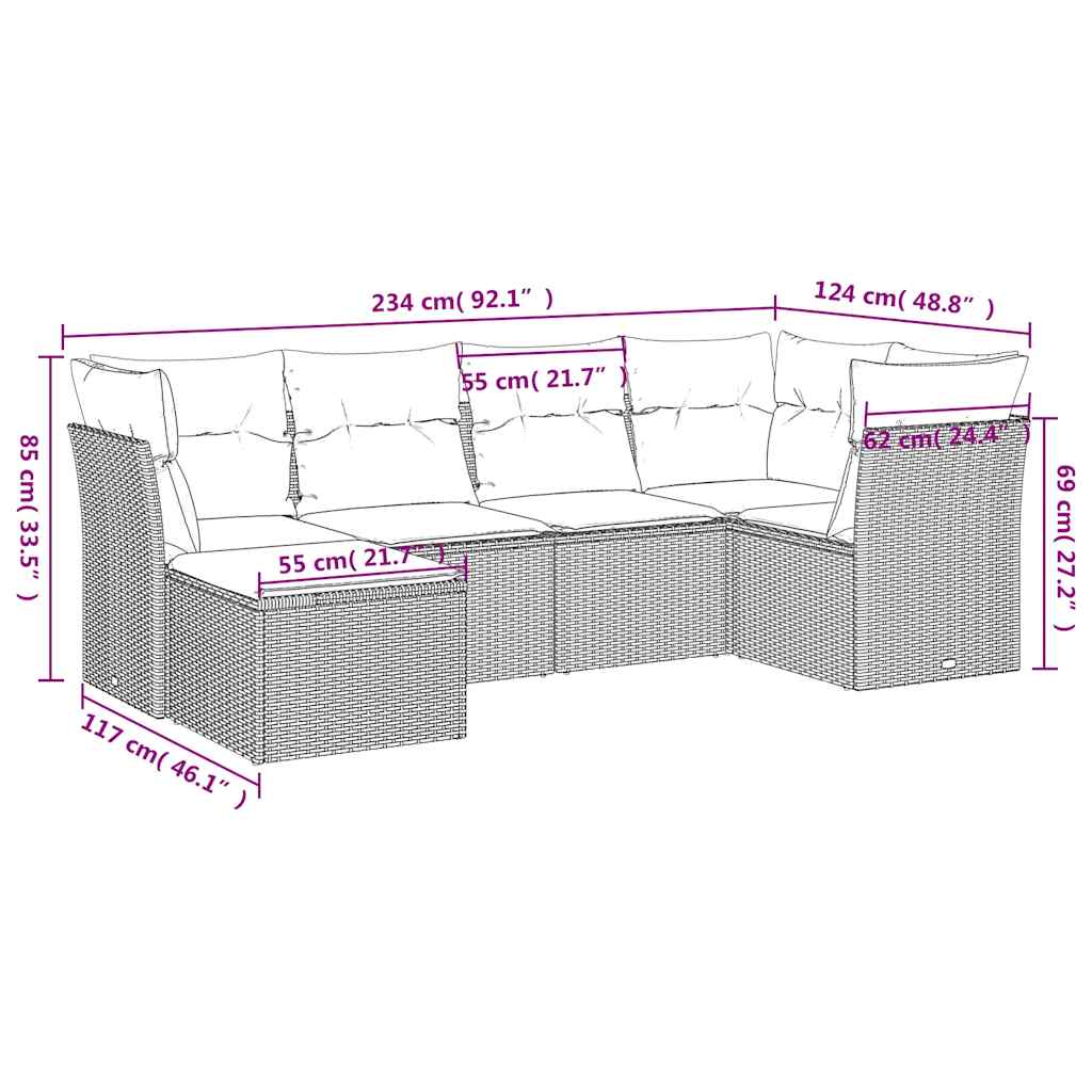 6 pcs conjunto de sofás jardim c/ almofadões vime PE castanho