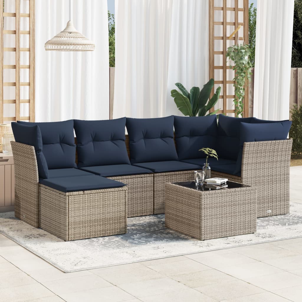 7 pcs conjunto sofás p/ jardim c/ almofadões vime PE cinzento