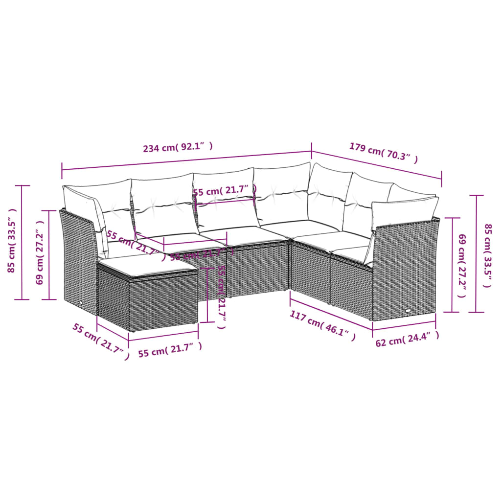 7 pcs conjunto de sofás p/ jardim com almofadões vime PE bege