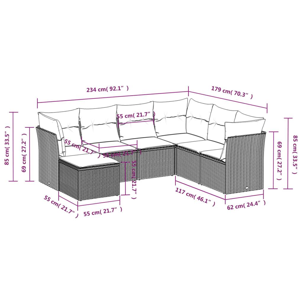7 pcs conjunto de sofás jardim c/ almofadões vime PE castanho