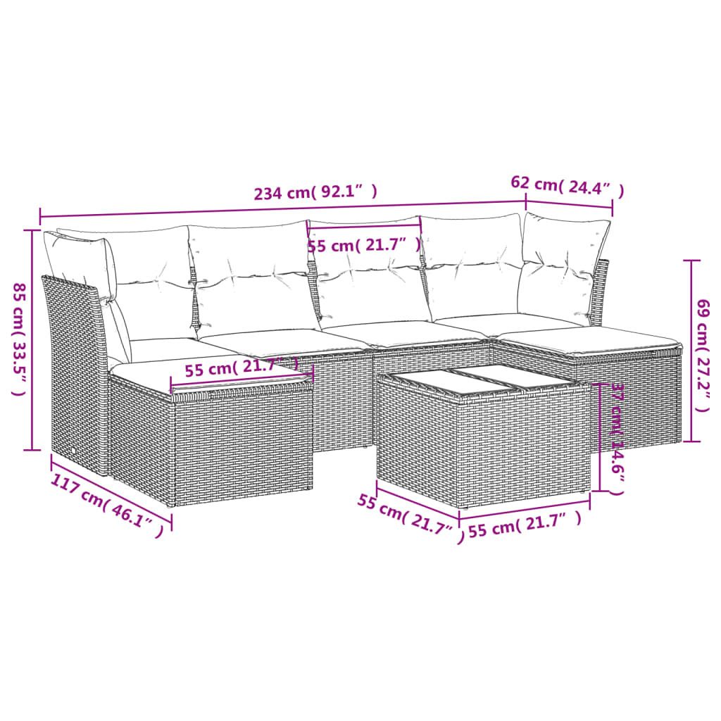 7 pcs conjunto sofás p/ jardim c/ almofadões vime PE cinzento