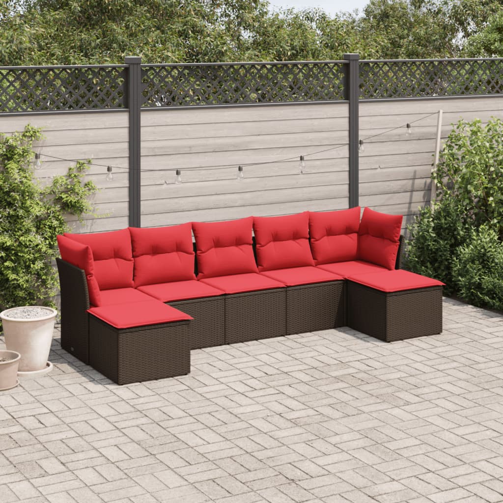 7 pcs conjunto de sofás jardim c/ almofadões vime PE castanho