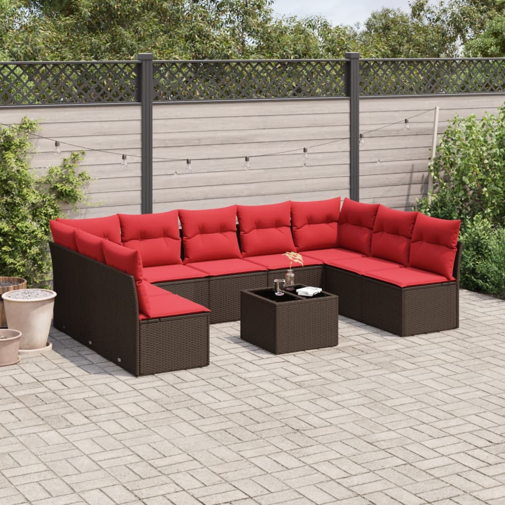 10 pcs conj. sofás jardim com almofadões vime PE castanho